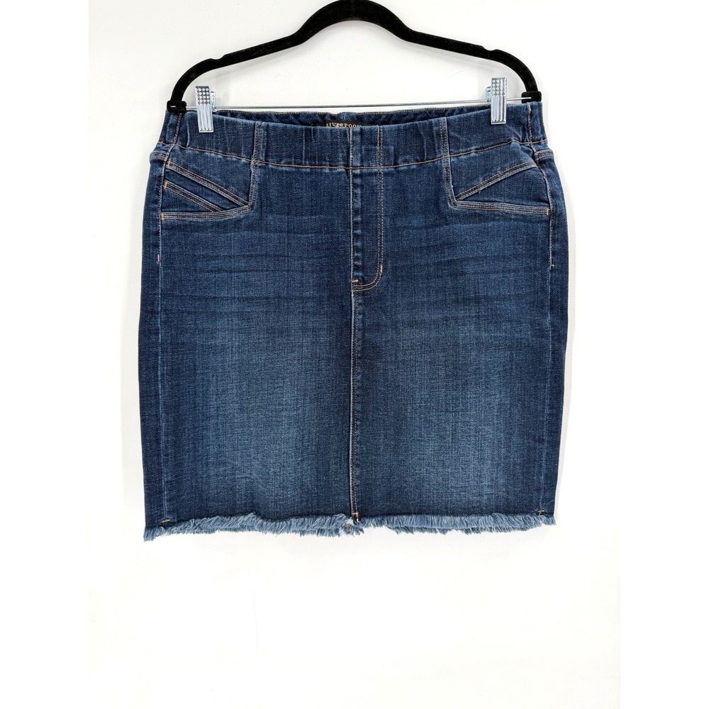 Liverpool Denim Mini Skirt Womens 12‎ Dark Wash Pull On Raw Hem Boho Casual - Picture 3 of 9
